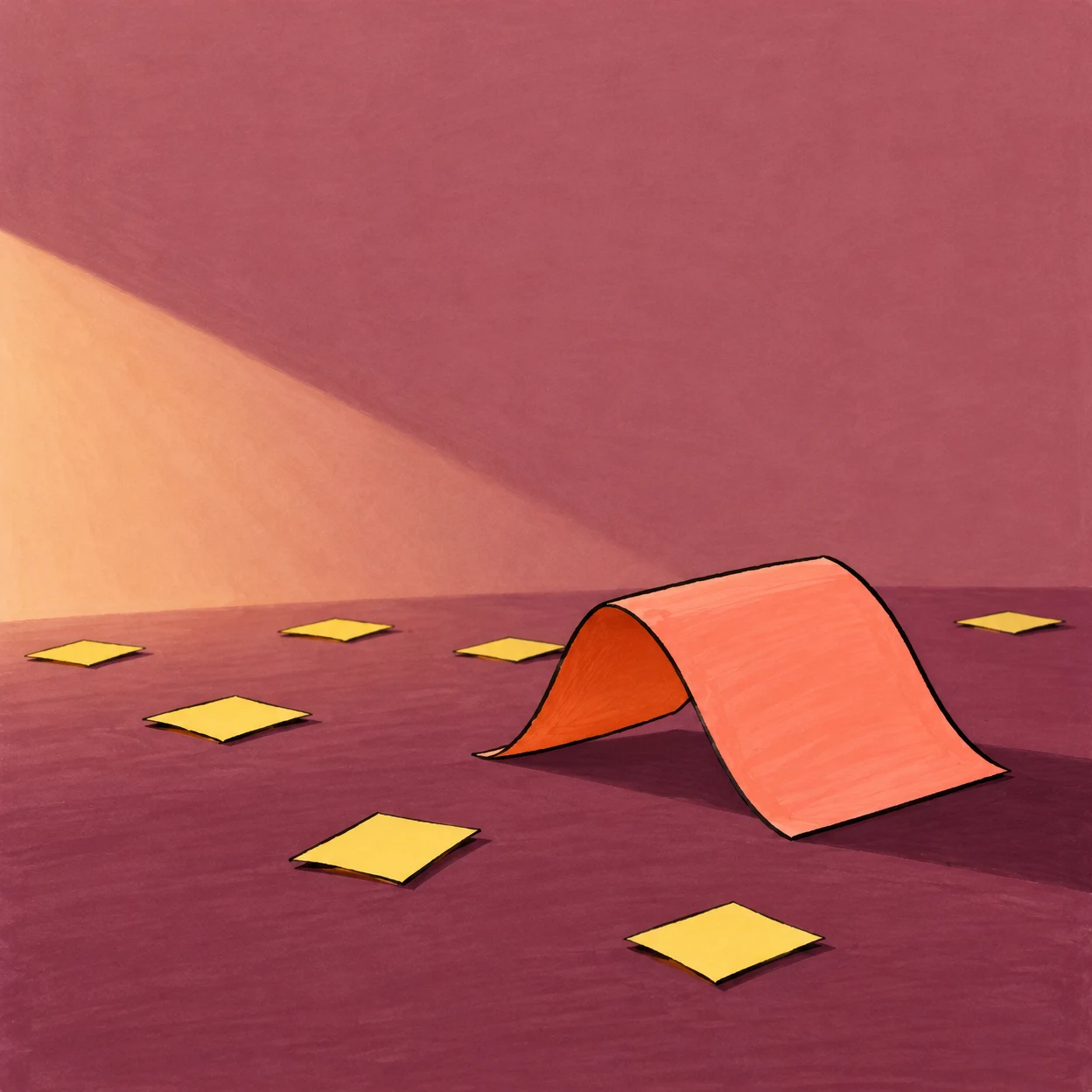 A large coral sheet of paper curls into an arch on a plum-coloured stage floor, surrounded by scattered yellow confetti squares.