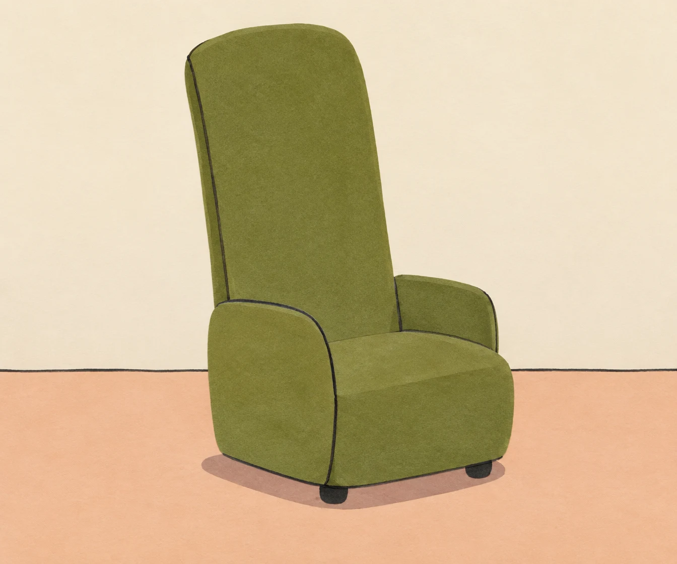 A moss-green lounge chair with an unusually tall rounded back, broad seat, stubby arms, and two small dark feet stands against a warm-cream wall and pale peach…