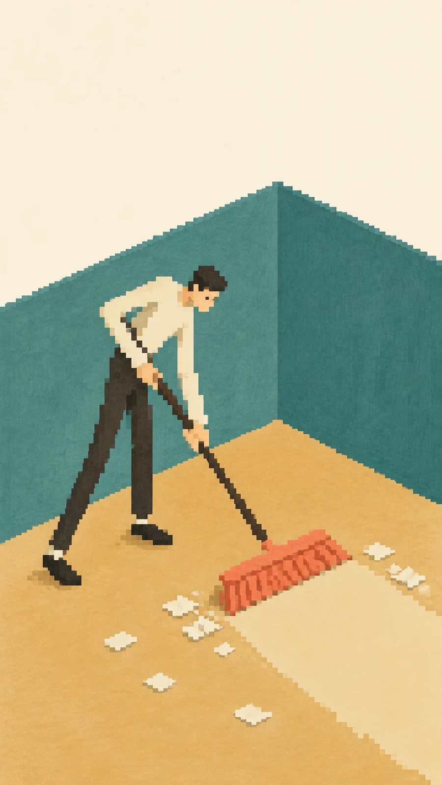 A pixelated editorial illustration shows a lanky cleaner leaning over a coral broom on an ochre floor in a room with dusty teal walls.