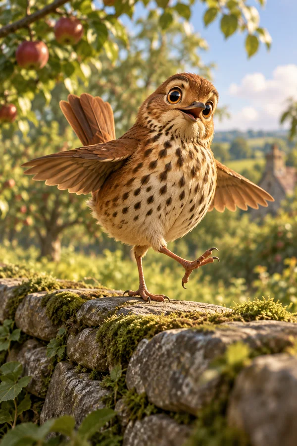 A wide-eyed chestnut song thrush balances on a mossy orchard stone wall, one foot raised and wings spread against softly blurred foliage and red apples.