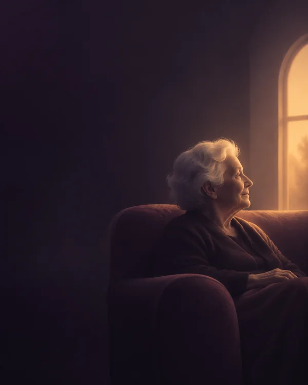 An elderly woman with silver hair sits in side profile in a dark upholstered armchair beside a warmly glowing arched window, with broad dark negative space…