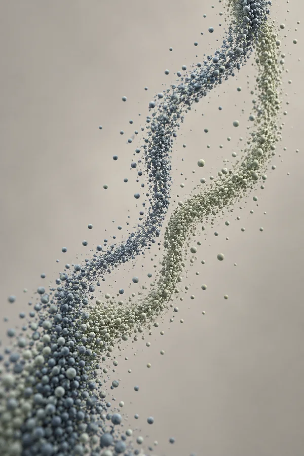 A sweeping field of slate-blue and pale sage particles curves diagonally across a warm-grey background, with dense clusters near the lower left and upper edge…