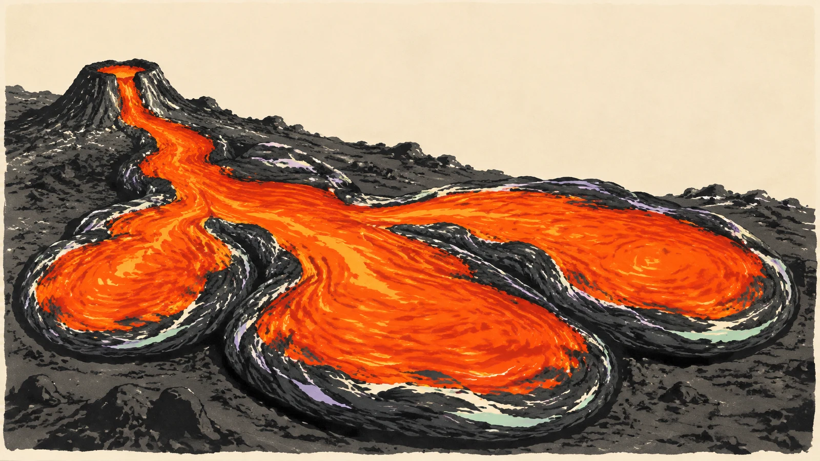 A hand-drawn illustration shows a charcoal crater on dark volcanic ground feeding a bright orange-red lava flow that spreads into three rounded lobes, with…