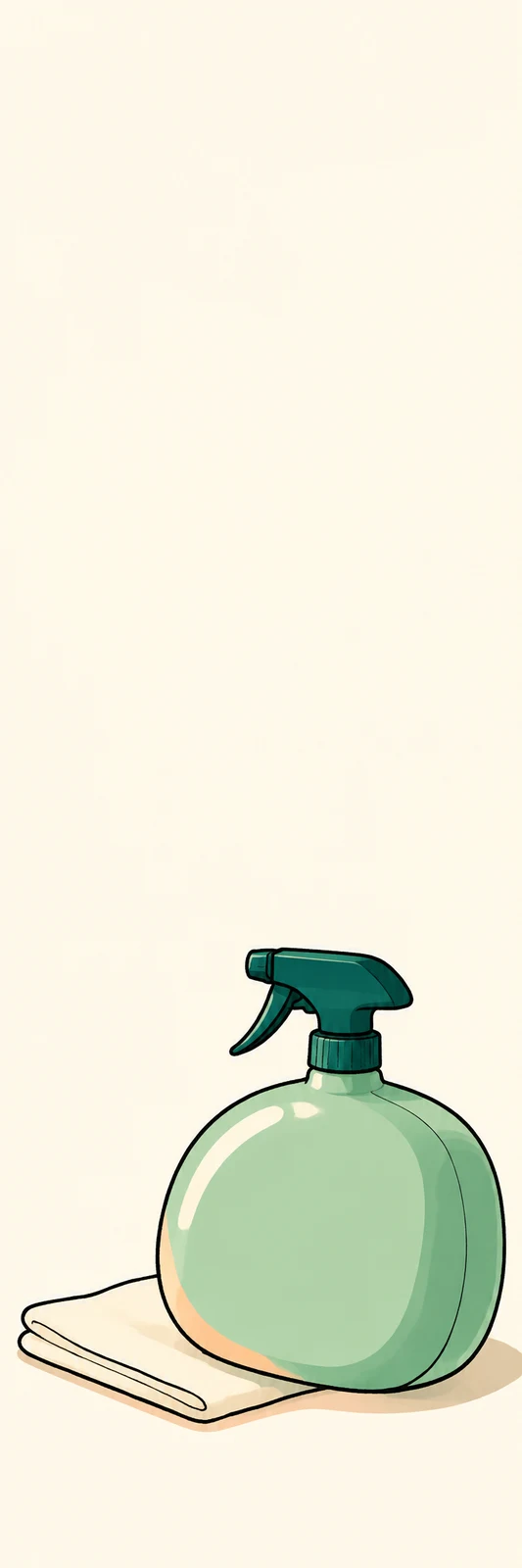 A large rounded mint-green cleaning spray bottle with a dark teal trigger sits on a folded cream napkin in the lower-right of a tall ivory banner, above a soft…