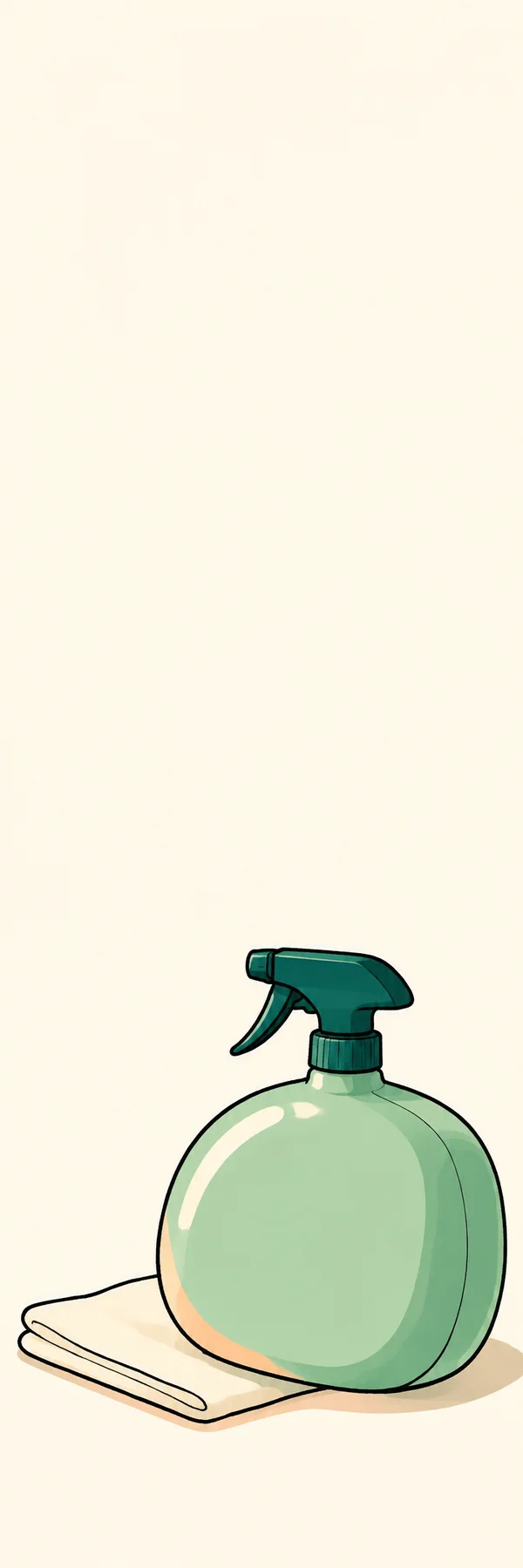A large rounded mint-green cleaning spray bottle with a dark teal trigger sits on a folded cream napkin in the lower-right of a tall ivory banner, above a soft…