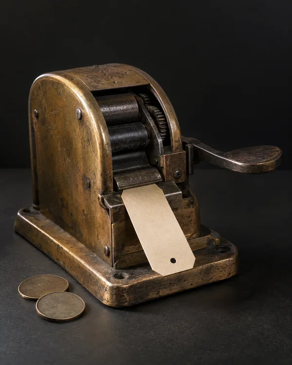 A worn brass mechanical ticket dispenser with exposed dark rollers and a side lever sits on a charcoal surface.
