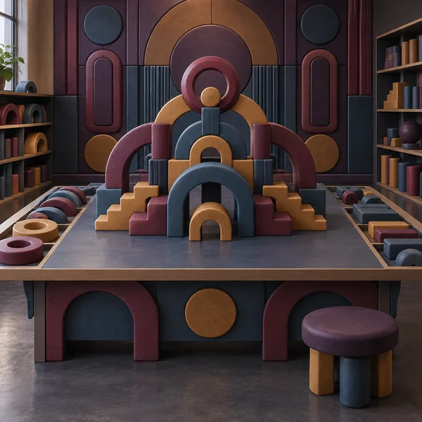 A symmetrical tower of chunky aubergine, blue and ochre arches, rings and stepped blocks sits on a workbench with spare pieces arranged in side recesses…