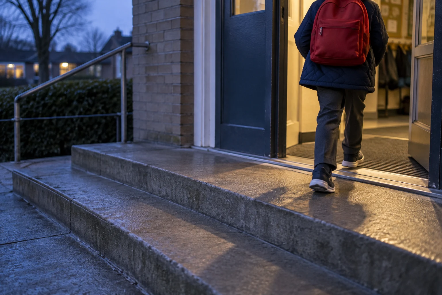A child in a navy quilted coat, grey trousers and trainers steps through a school doorway with a vivid red backpack.