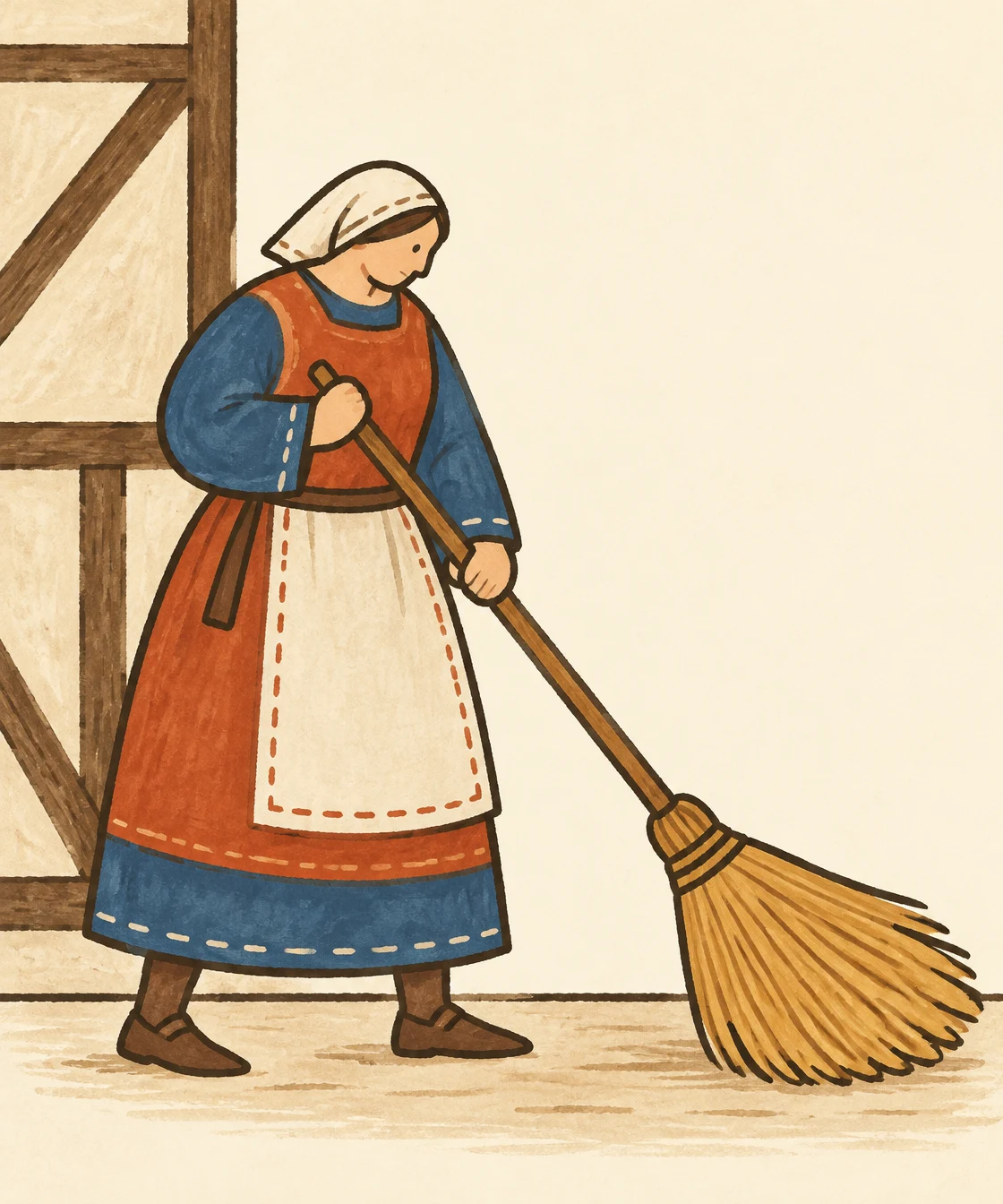 A medieval woman in a terracotta and blue outfit sweeps a cottage floor with a long wooden broom and broad golden straw head.