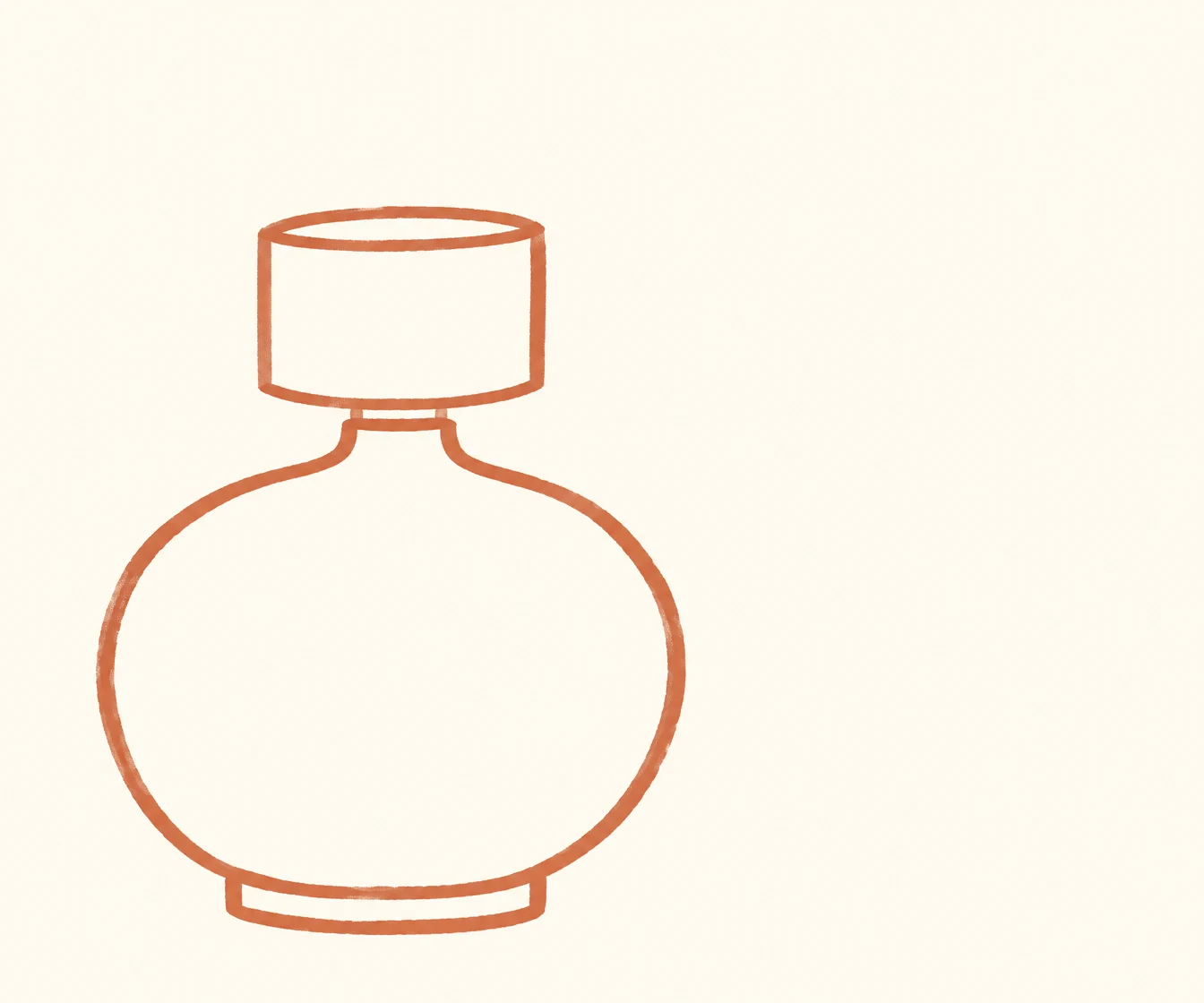 A hand-drawn terracotta outline of a squat table lamp with a broad pear-shaped base, short neck, cylindrical shade and flat foot on a warm ivory background.