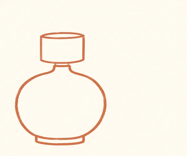 A hand-drawn terracotta outline of a squat table lamp with a broad pear-shaped base, short neck, cylindrical shade and flat foot on a warm ivory background.