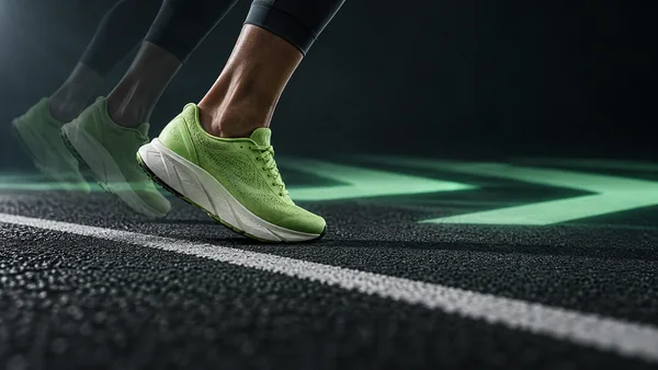 A lime-green running shoe pushes off beside a white line on a dark textured track, with translucent motion trails behind it and mint geometric light across the…