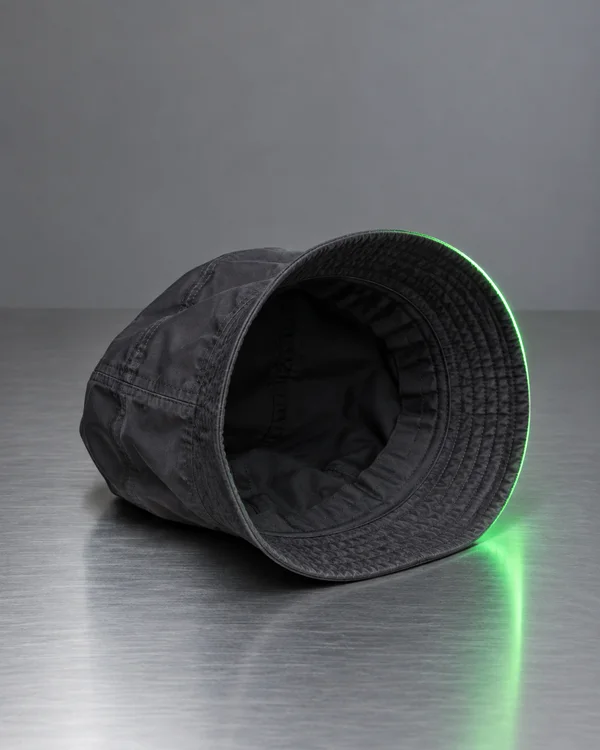 A charcoal bucket hat lies on its side on a brushed-steel tabletop, its dark opening facing the camera.