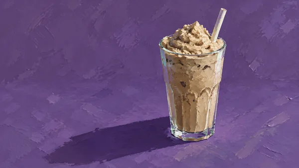 A tall clear glass of pale brown iced coffee frappe with a mound above the rim and a short straw stands on a textured violet surface, casting a dark shadow…