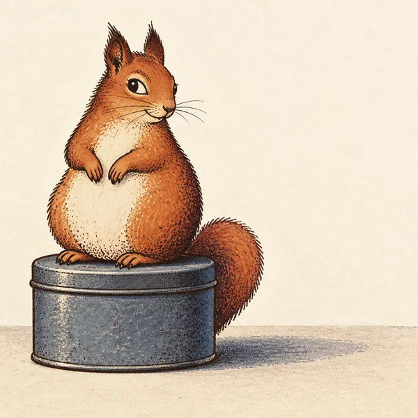 A rust-orange squirrel sits upright on a muted blue cylindrical tin against an ivory background, with its bushy tail curling beside the tin and a long shadow…