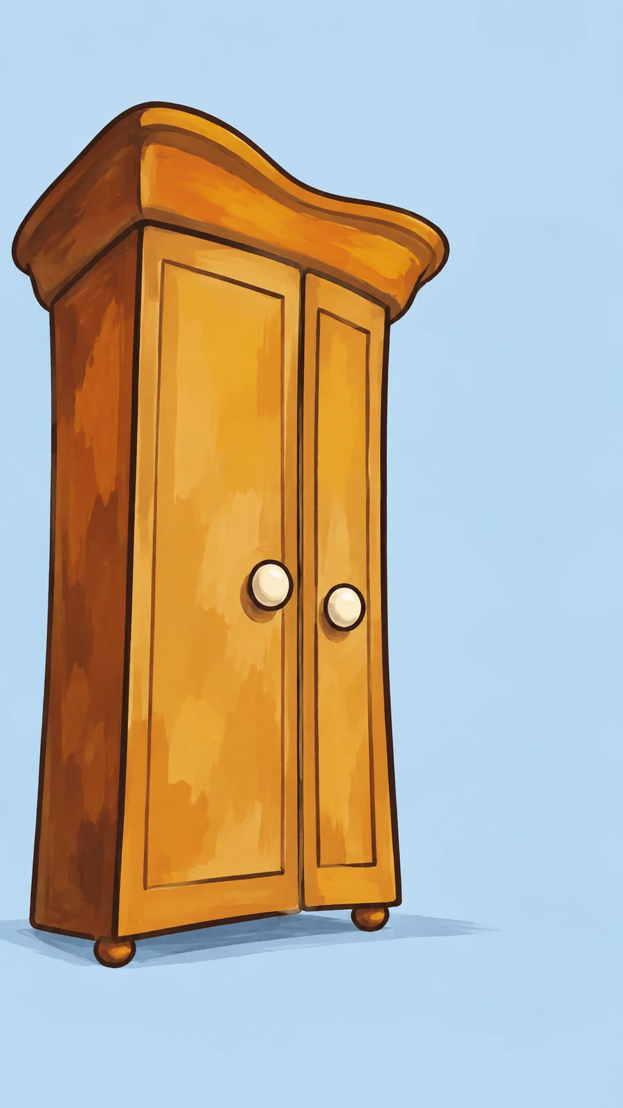 A tall amber-and-ochre wooden wardrobe stands against a pale blue background, with a wide overhanging crown, two unequal closed doors, cream knobs and two…