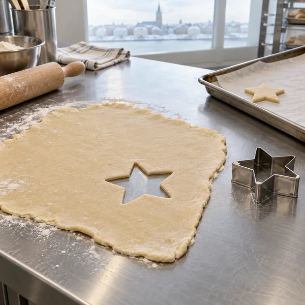 A large, roughly rolled sheet of pale pastry with a star-shaped opening lies on a stainless-steel bakery counter; a matching pastry star sits on parchment in a…