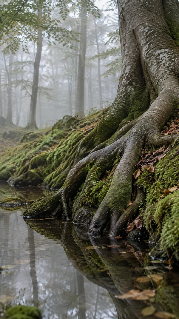 Large grey-brown tree roots curve down a mossy bank into a still woodland pool, with fallen leaves scattered along the bank and a faint reflection in the water.
