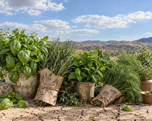 A group of leafy herbs in pots and patterned paper wraps sits on cracked soil beneath a blue, cloud-filled sky, with dry hills along the horizon.