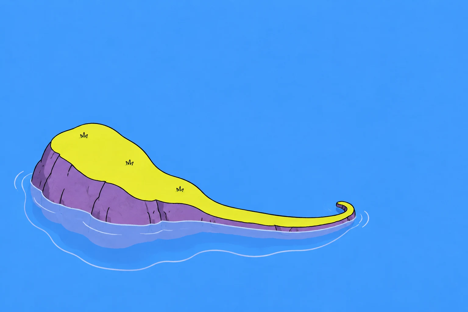 A small violet rocky island with a lemon-yellow grassy top tapers into a long hooked tail across bright blue water, with pale curved lines around its submerged…