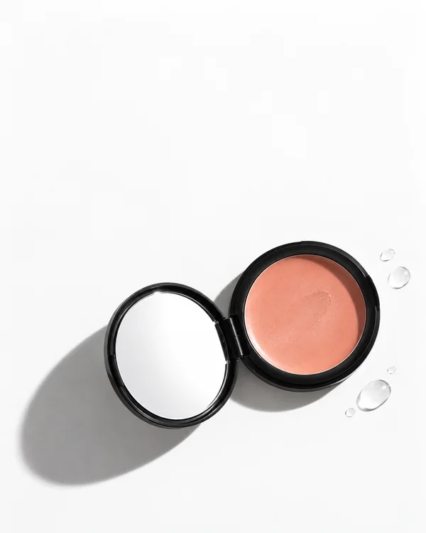 An open black circular compact with pale peach cream blush and a white-reflecting mirror rests on a white surface, with a few water droplets beside it and a…