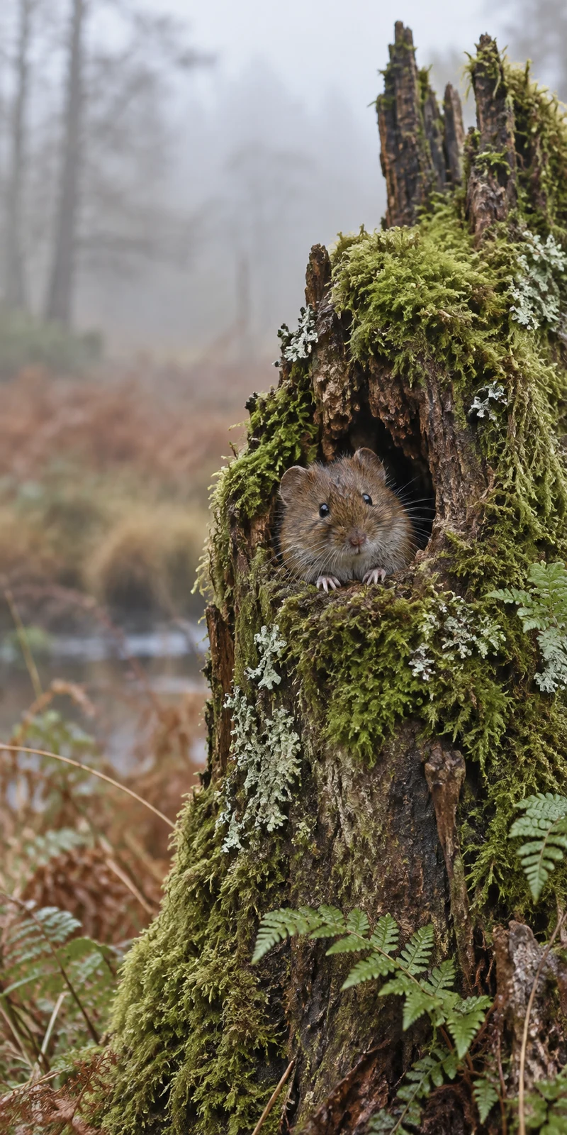 A small brown vole peers from a hollow in a tall, moss- and lichen-covered stump, with its forepaws on the edge.