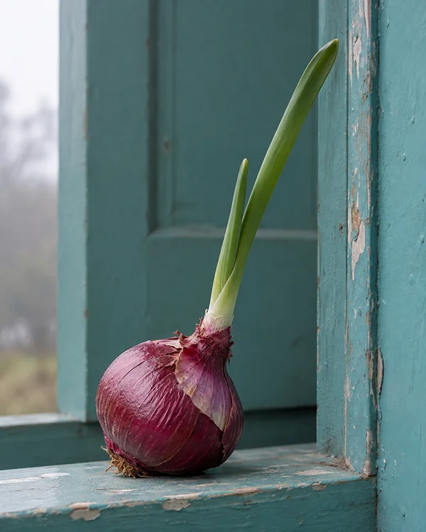 A sprouted red onion with two green shoots rests on a worn turquoise-painted sill in front of a softly blurred door recess, with pale foggy light visible…