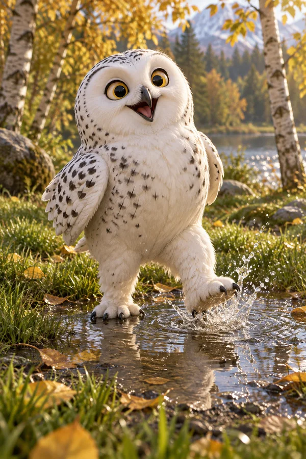 A wide-eyed snowy owl with ivory, dark-speckled feathers stomps in a shallow puddle in a sunlit birch clearing, splashing water around one raised foot; golden…