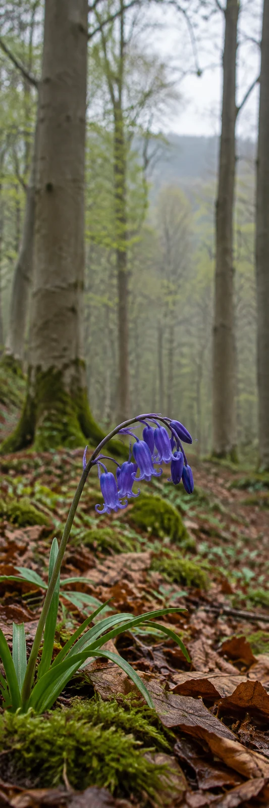 A single purple-blue bellflower stem arches over moss and brown leaf litter in a beech woodland, with tall trunks and soft-focus greenery behind it.