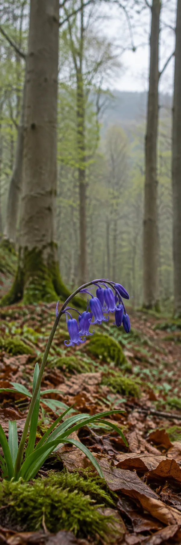 A single purple-blue bellflower stem arches over moss and brown leaf litter in a beech woodland, with tall trunks and soft-focus greenery behind it.