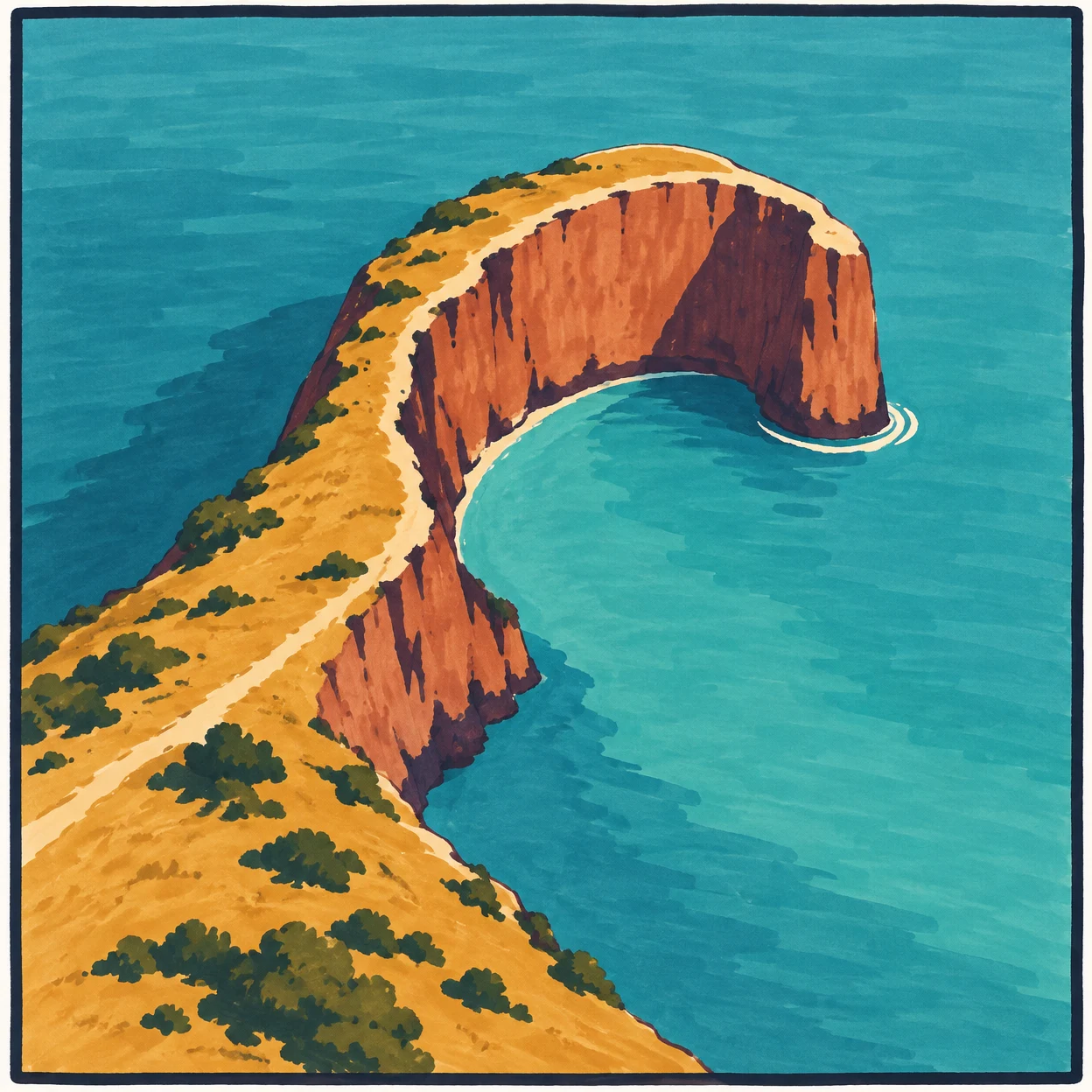 A hand-drawn coastal illustration shows an ochre headland entering from the lower left and curling around a turquoise bay, with terracotta cliffs, dark plum…