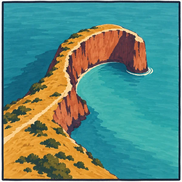 A hand-drawn coastal illustration shows an ochre headland entering from the lower left and curling around a turquoise bay, with terracotta cliffs, dark plum…