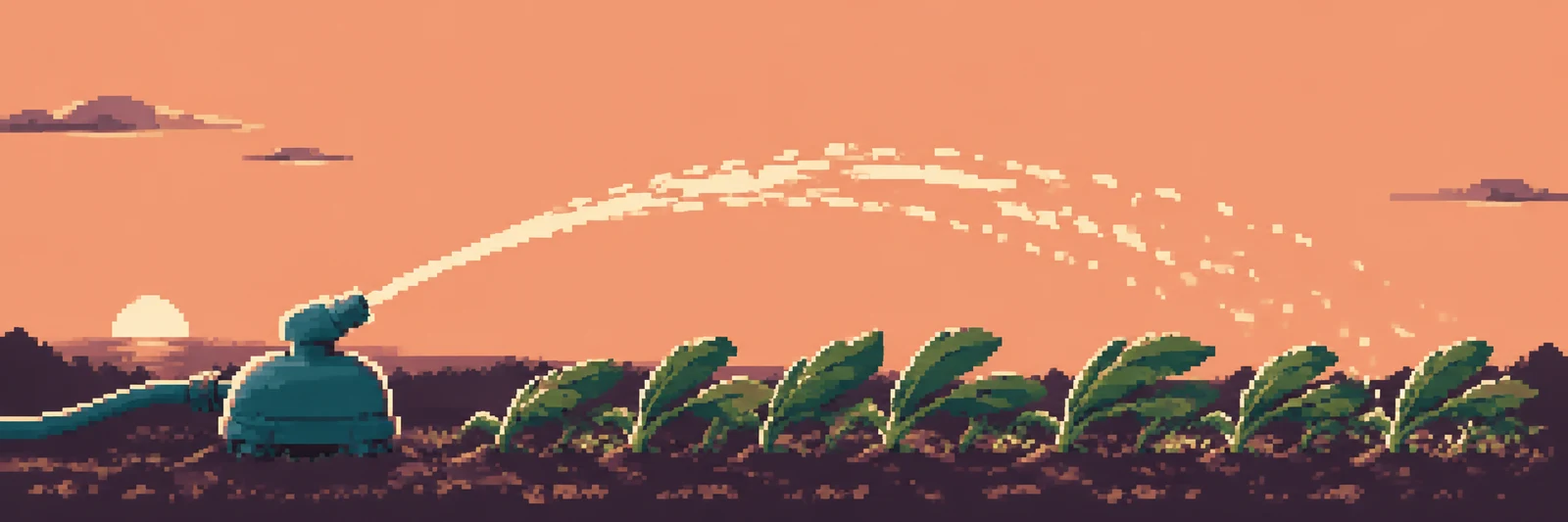A squat teal sprinkler waters a row of broad green crops across dark soil at sunset, sending a pale arcing spray with scattered droplets through a peach sky.
