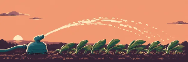 A squat teal sprinkler waters a row of broad green crops across dark soil at sunset, sending a pale arcing spray with scattered droplets through a peach sky.