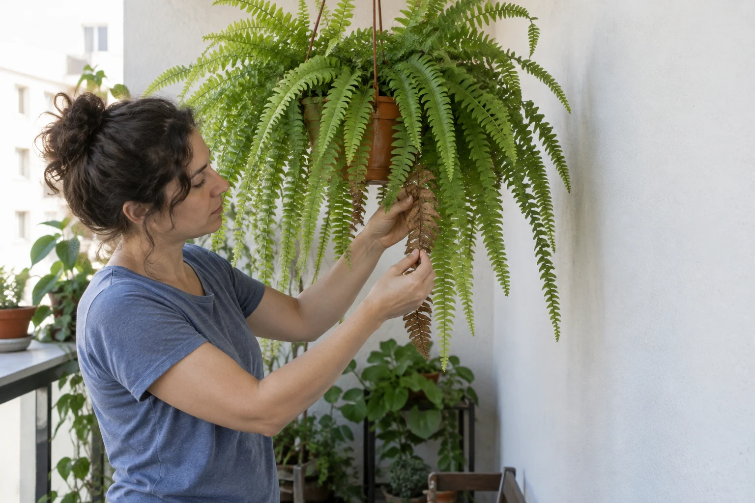 An adult in a faded blue T-shirt tends a hanging fern on a balcony, holding a brown dried frond beneath the green foliage.