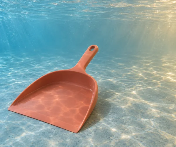 A coral-colored dustpan rests diagonally on a textured blue-grey floor underwater, with its broad scoop in the lower-left foreground and short handle pointing…