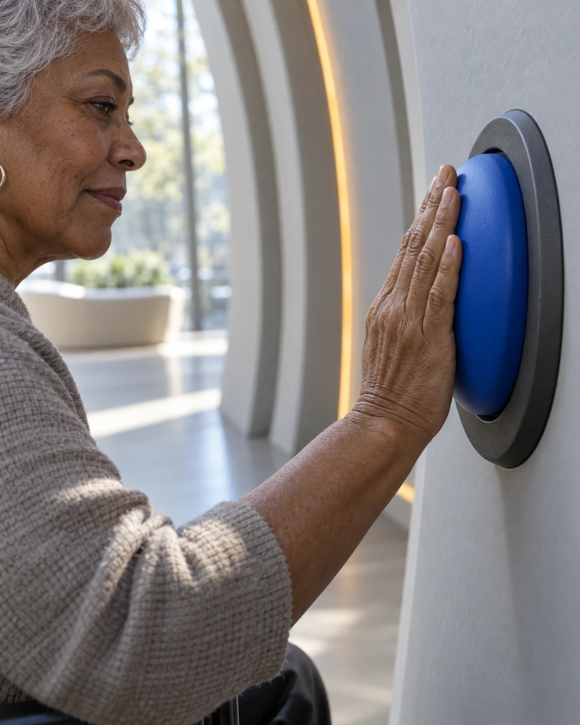 An older woman with short silver hair reaches out to press a large blue oval control mounted on a pale-gray wall; her profile and hand are in focus, with a…