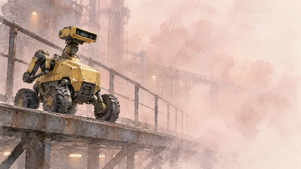 A yellow wheeled inspection robot with a raised rectangular sensor head and articulated arm sits on an elevated factory catwalk.