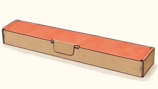 A very long, shallow cardboard carton with a coral lid and warm kraft front and sides, shown at an elevated three-quarter angle against an ivory background.