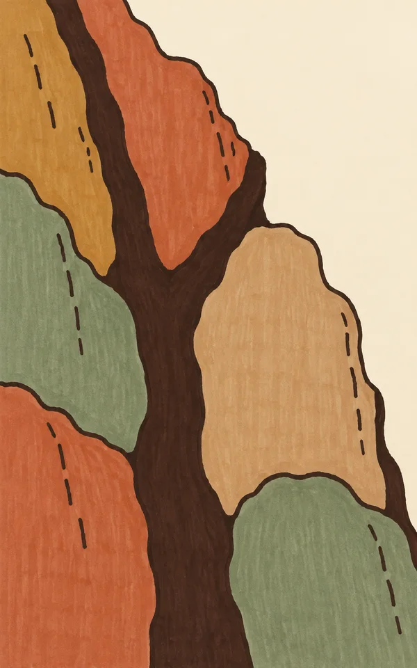 A hand-drawn, patchwork-style close-up of tree bark, with broad ochre, terracotta, sage and tan plates divided by a thick dark-brown fissure; short stitch-like…