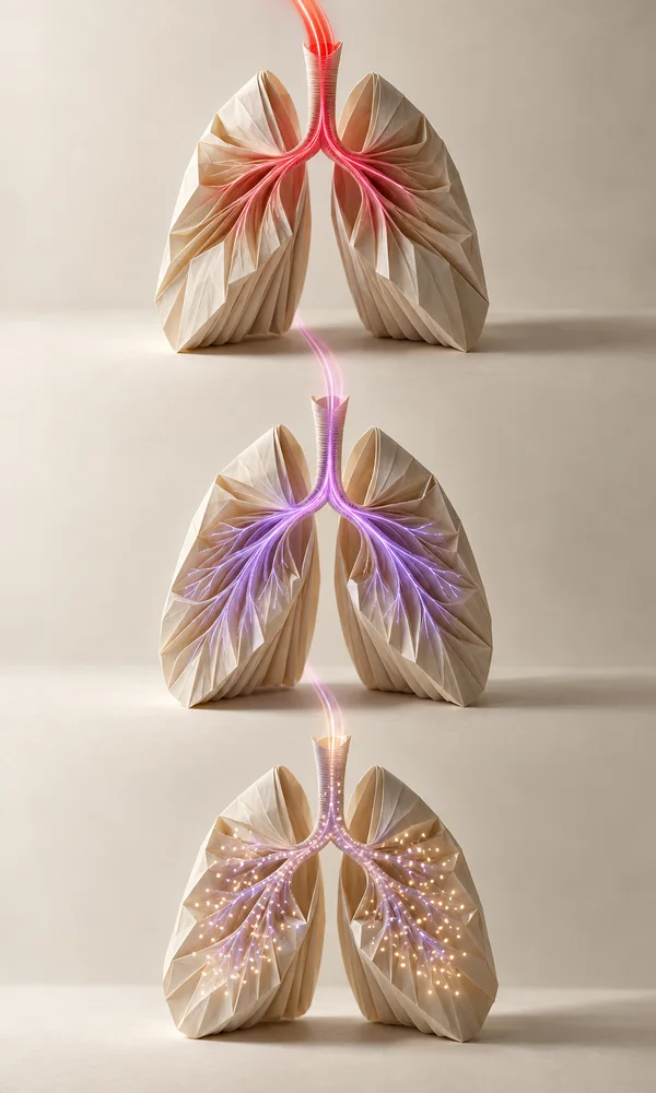 Three ivory folded-paper lung forms are arranged vertically against a warm light backdrop.
