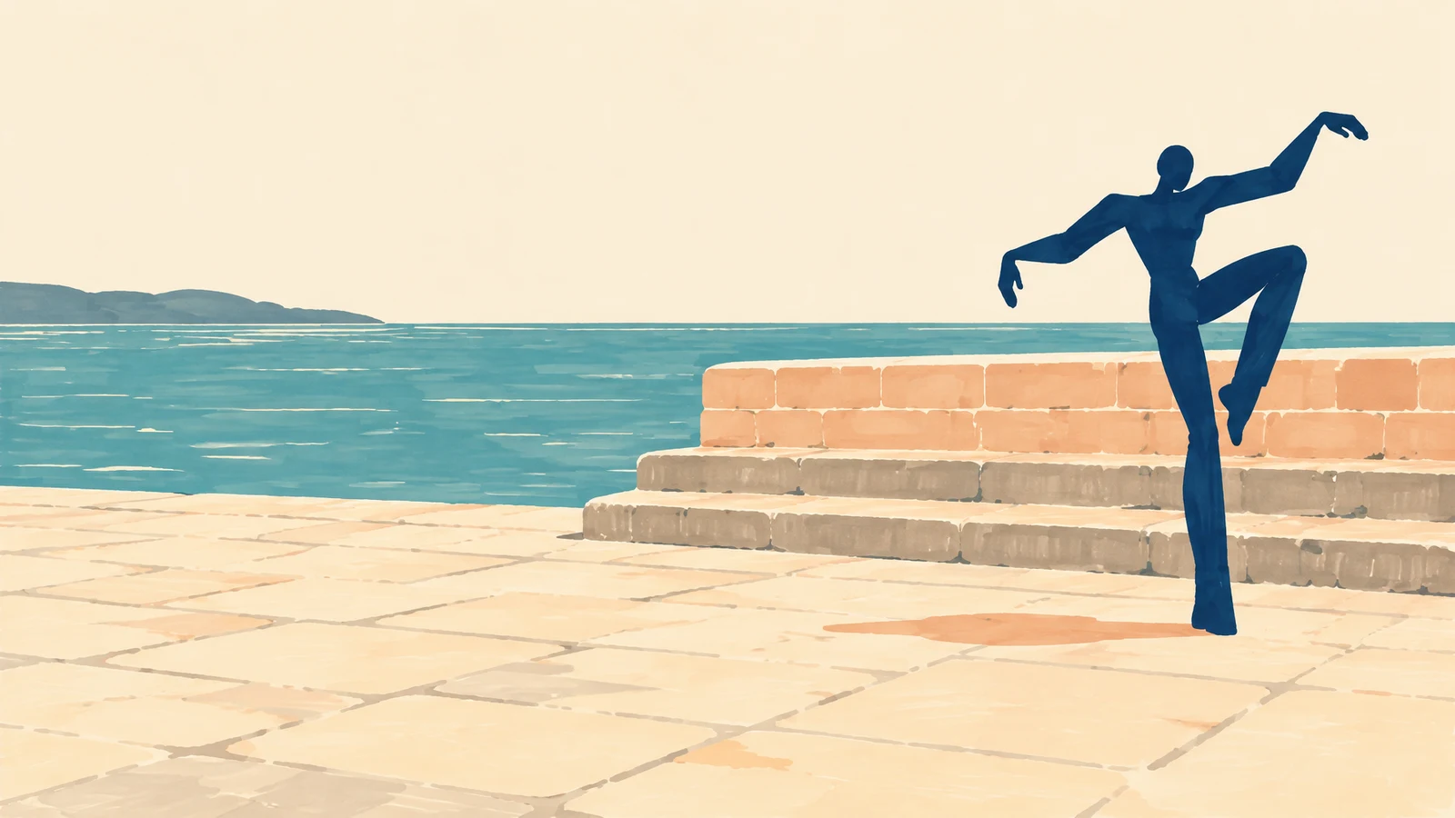 A navy, faceless dancer holds an angular pose on a cream-paved harbour quay, with stone steps, a peach seawall and teal water behind; open sky and water fill…