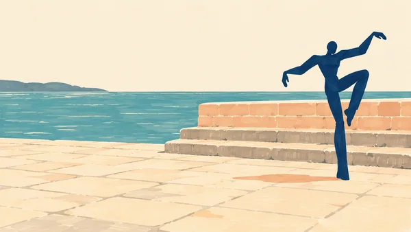 A navy, faceless dancer holds an angular pose on a cream-paved harbour quay, with stone steps, a peach seawall and teal water behind; open sky and water fill…