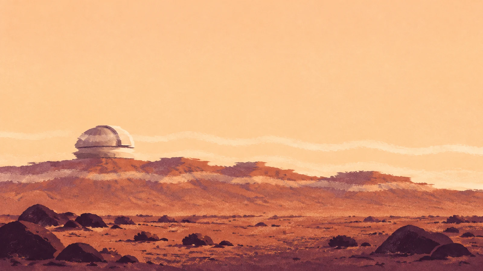 A small squat observatory with a rounded dome sits on a layered ochre ridge beneath a pale apricot sky.