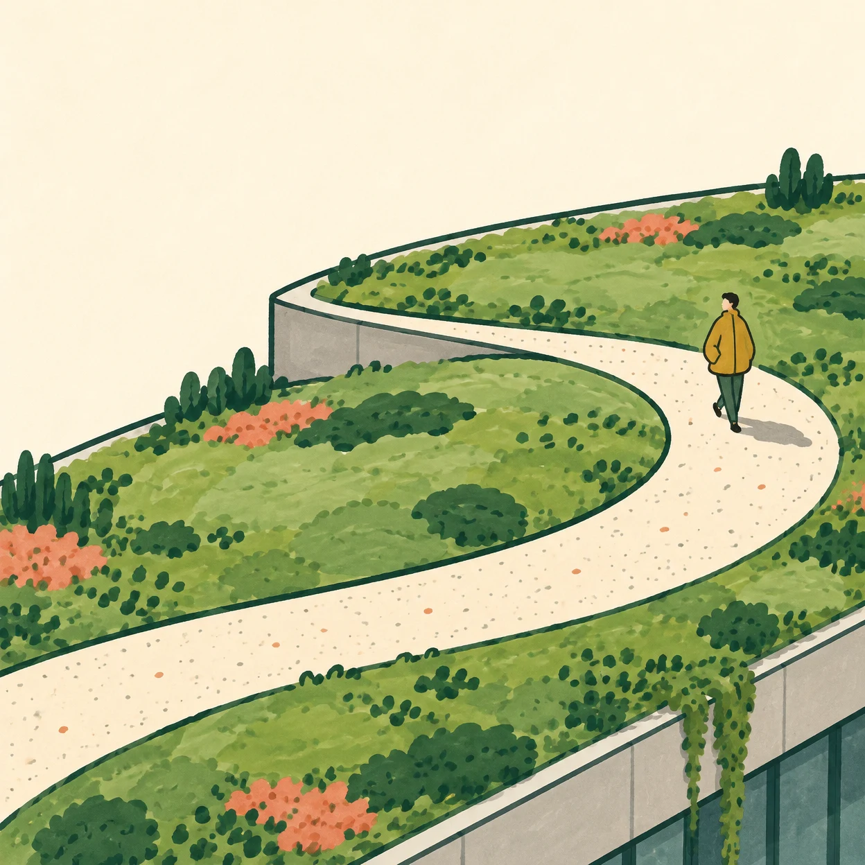 A hand-drawn marker illustration of a broad planted roof with two curving green terraces and a pale, speckled path; a small person in an ochre coat walks along…
