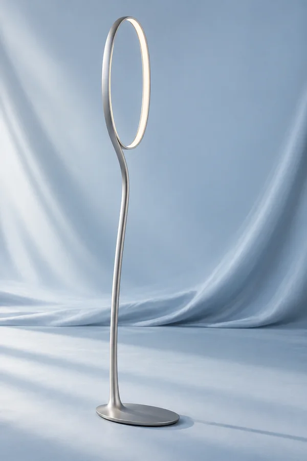 A slender satin-silver floor lamp with a tall oval light loop and flattened oval base stands on an ice-blue studio sweep.