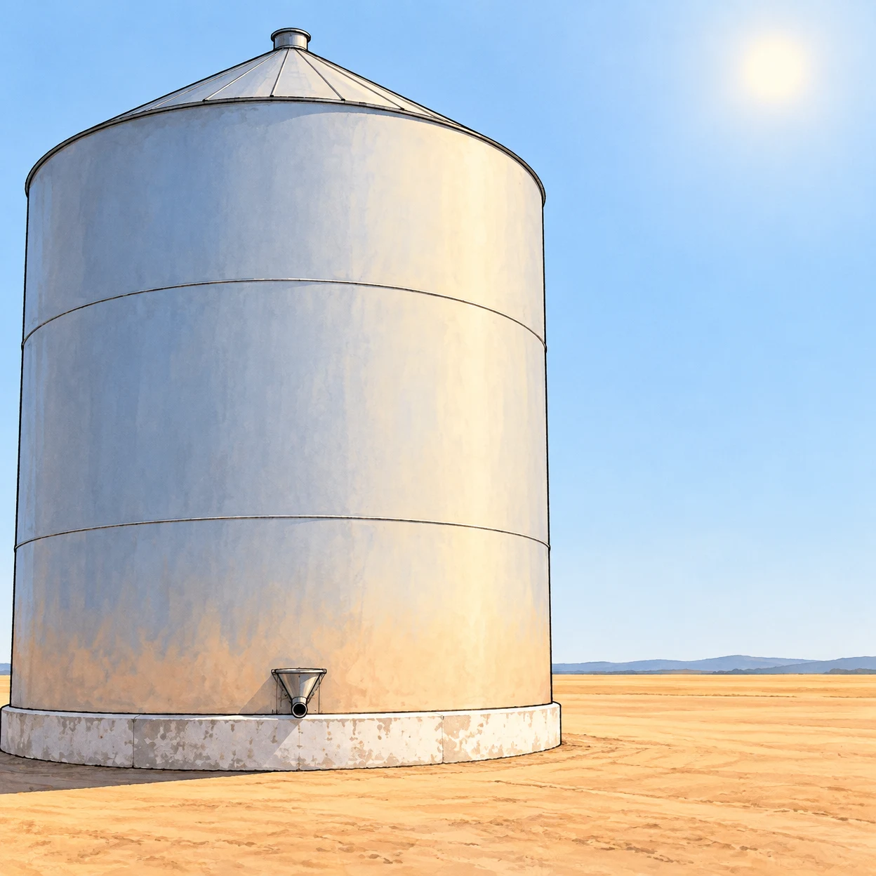 A very broad pale-blue grain silo with a shallow conical roof stands on a chalky concrete footing in a sunlit ochre yard; a small outlet sits at its base, with…