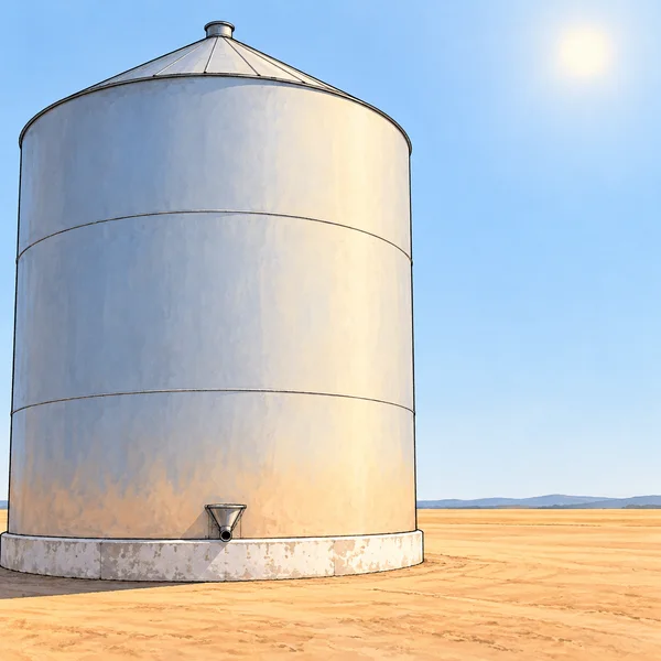 A very broad pale-blue grain silo with a shallow conical roof stands on a chalky concrete footing in a sunlit ochre yard; a small outlet sits at its base, with…