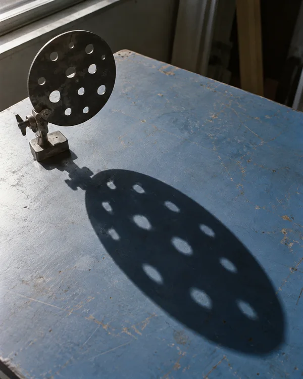 A perforated black metal disk sits in a clamp on a worn blue-painted worktable, casting a long oval shadow with bright spots from its holes across the table.