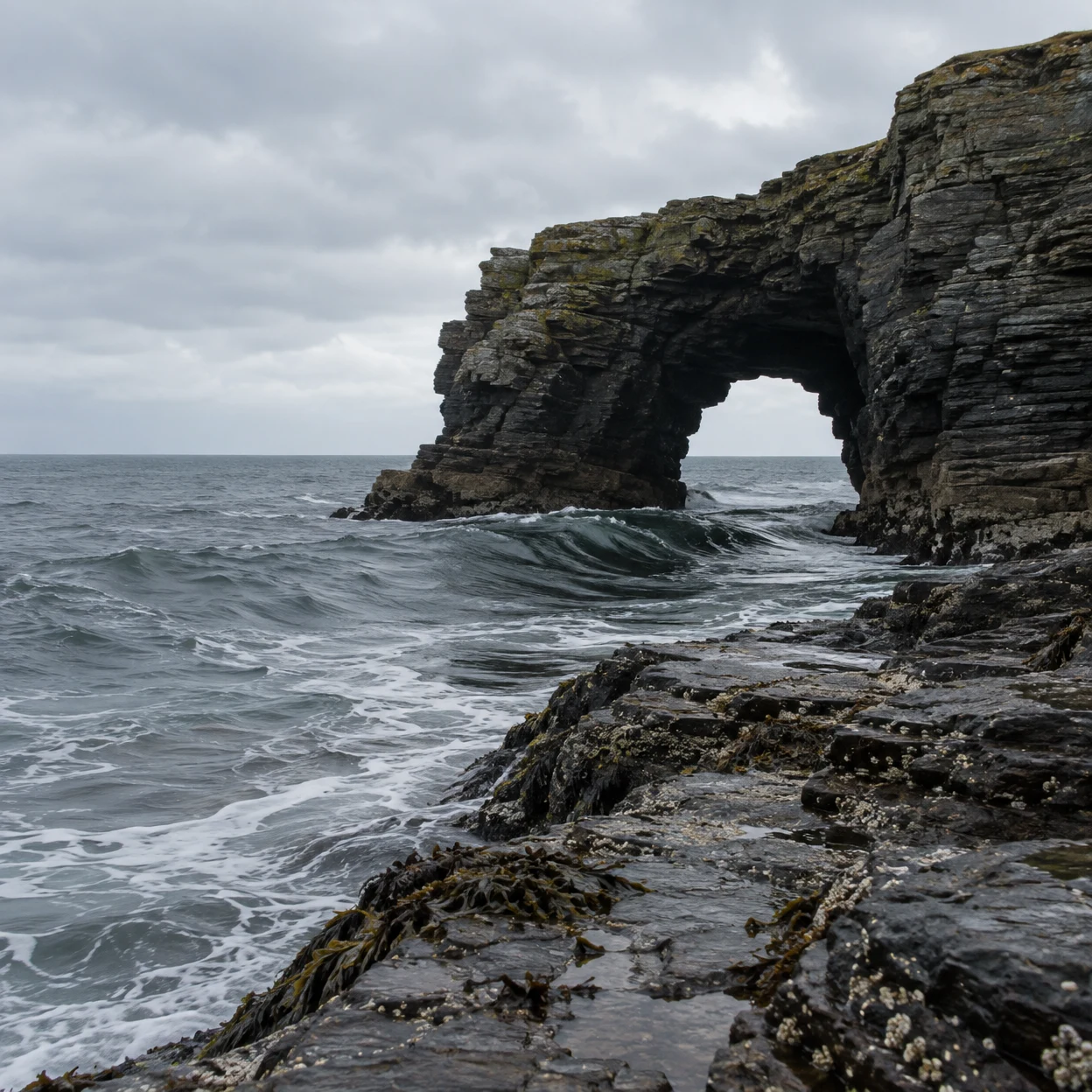 A layered dark-rock sea arch rises on the right above a wet, kelp-strewn rock shelf, with grey water and heavy cloud across the left side of the frame.